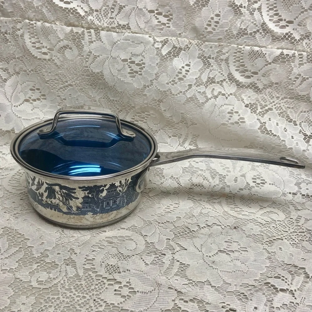 Blue Willow, Stainless Steel-Covered Sauce Pan 13.5in L x 6.5in D x 4.5in H